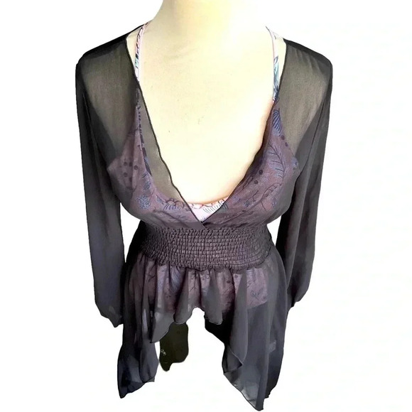 Black Asymmetrical Deep-V Sheer Swim Coverup Dress with Elastic Waist- Medium - Picture 3 of 10